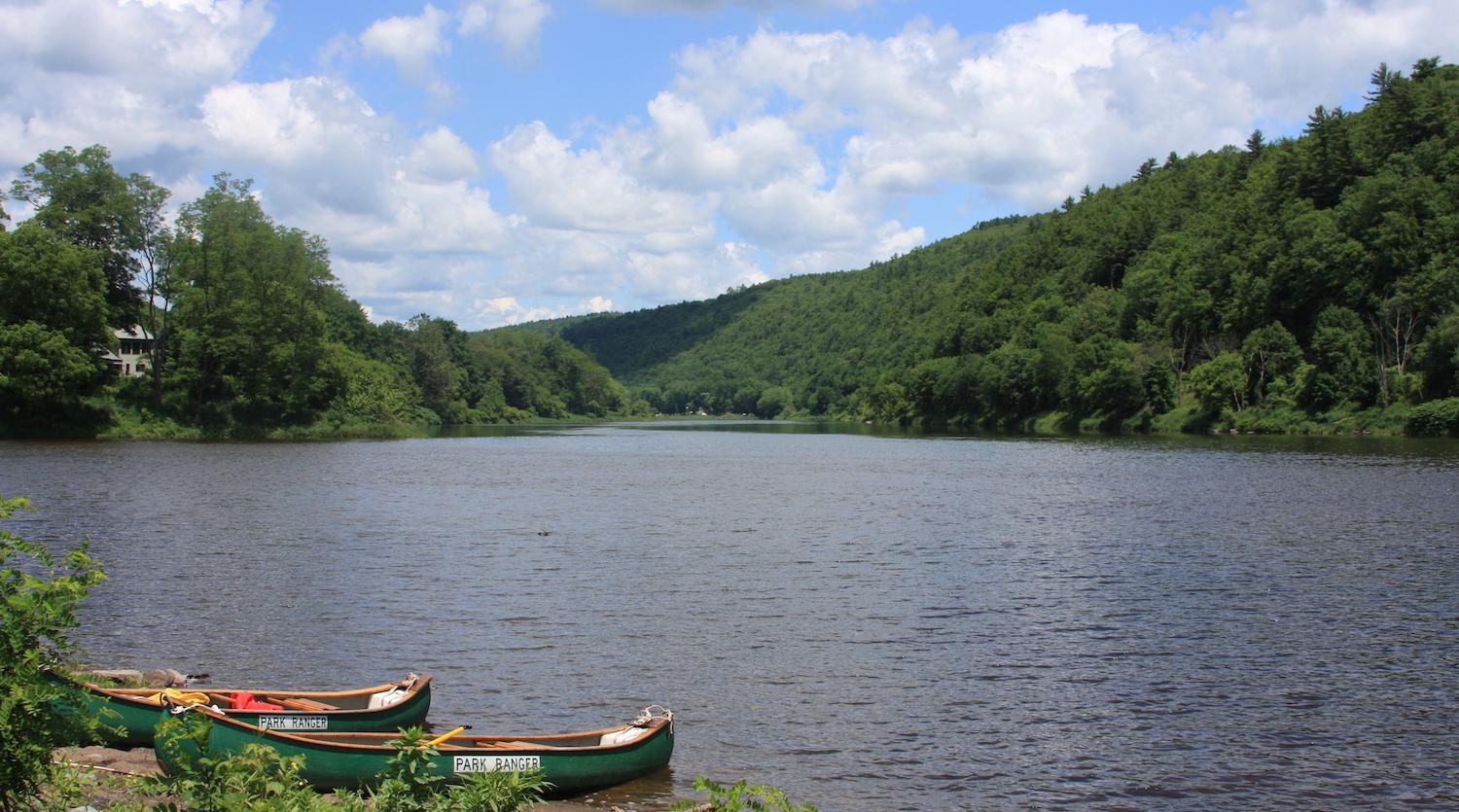 View of two canoes on the Upper Delaware River